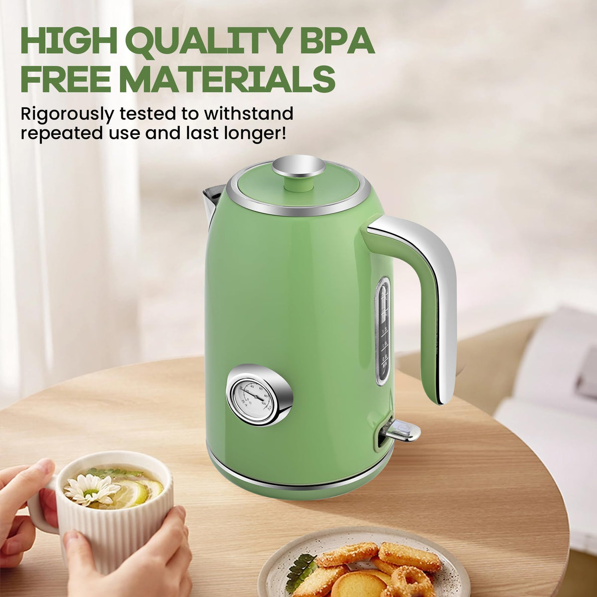 Pukomc retro green design complements classic kitchens while boiling water efficiently.