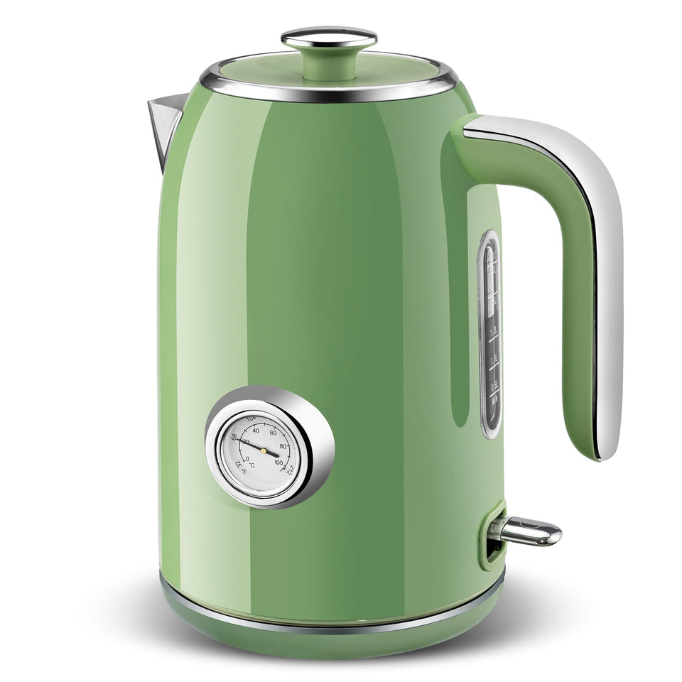 Pukomc electric kettle shows a temperature gauge for precise brewing control.
