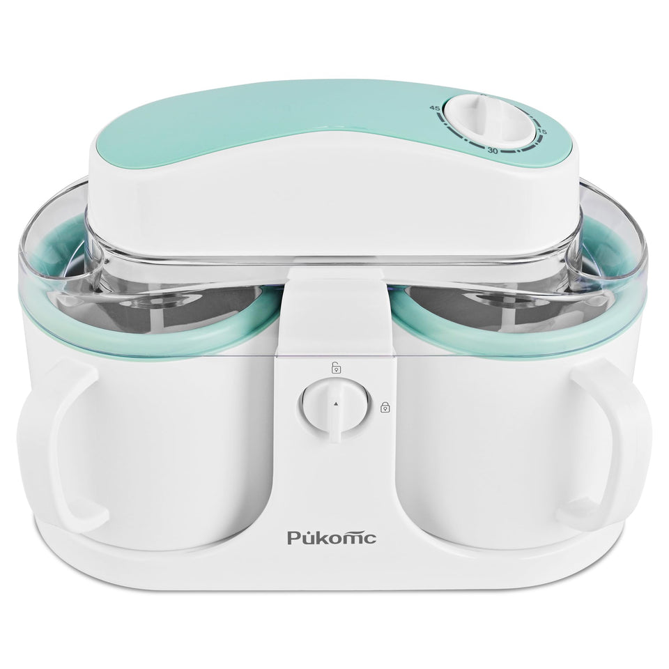 Pukomc ice cream maker front view shows dual bowls for two flavors.