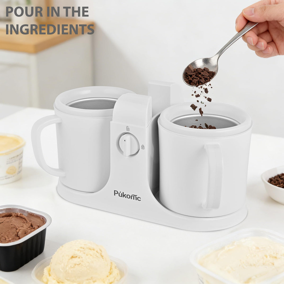 Pukomc Ice Cream Maker highlighting the ingredient tank for mix-ins