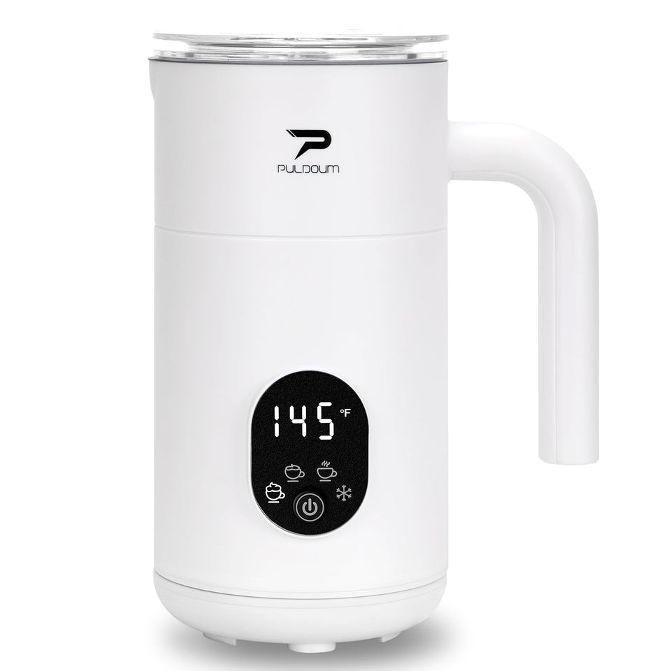Puldoum 4-in-1 milk frother wand creates cafe-style warm foam at home.