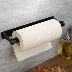 Pu&lizfii paper towel holder under cabinet with a sleek black finish for clutter-free spaces.