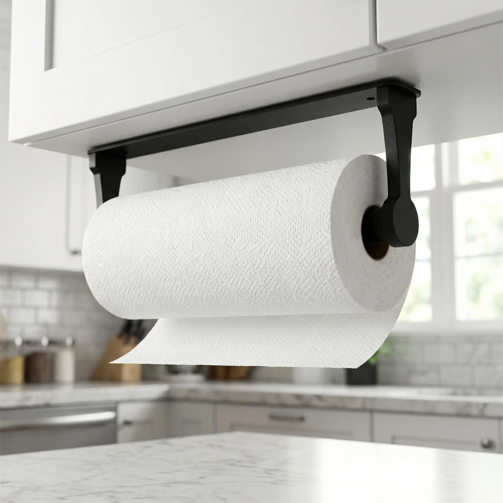 Pu&lizfii wall-mounted towel holder keeps towels within reach in kitchen or bath.