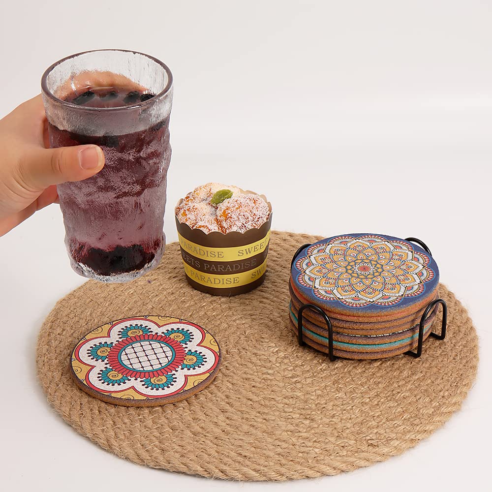 Puluole close-up of colorful Boho mandala pattern on cork coaster