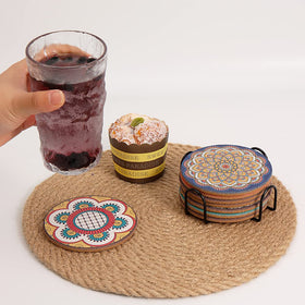 Puluole close-up of colorful Boho mandala pattern on cork coaster
