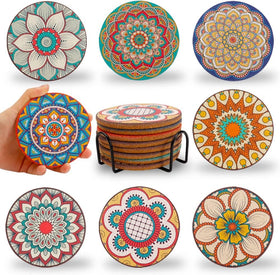 Puluole cork coasters set of 8 with vibrant mandala patterns and metal holder