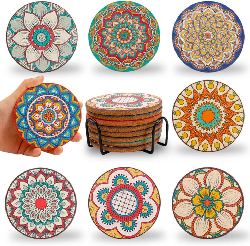 Puluole cork coasters set of 8 with vibrant mandala patterns and metal holder