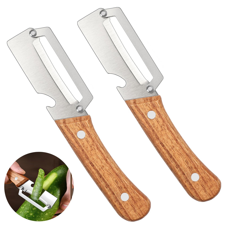 Pumsawn 2-piece peelers pack for efficient vegetable prep with wooden handles.