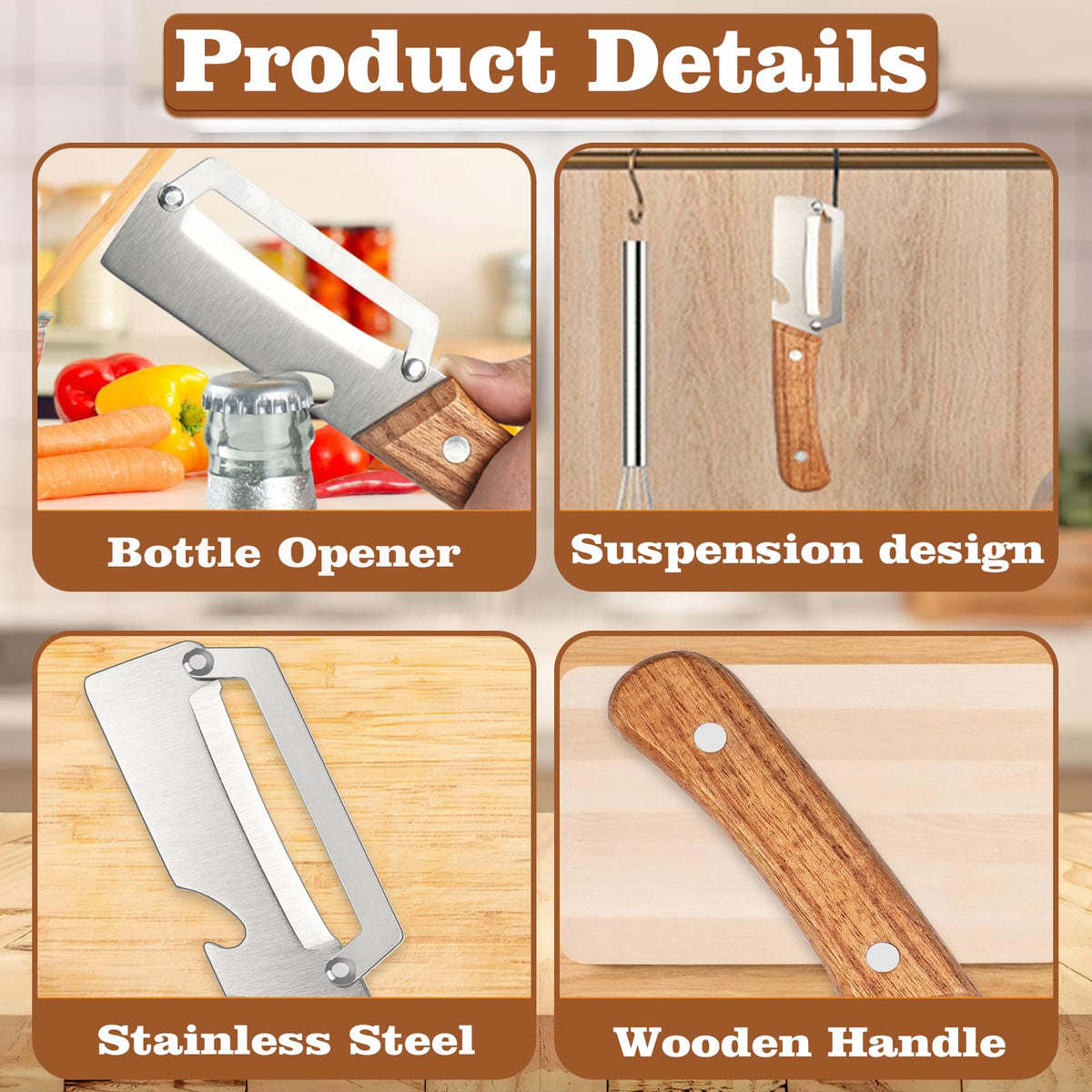 Pumsawn wooden-handle peeler offers a comfortable non-slip grip.