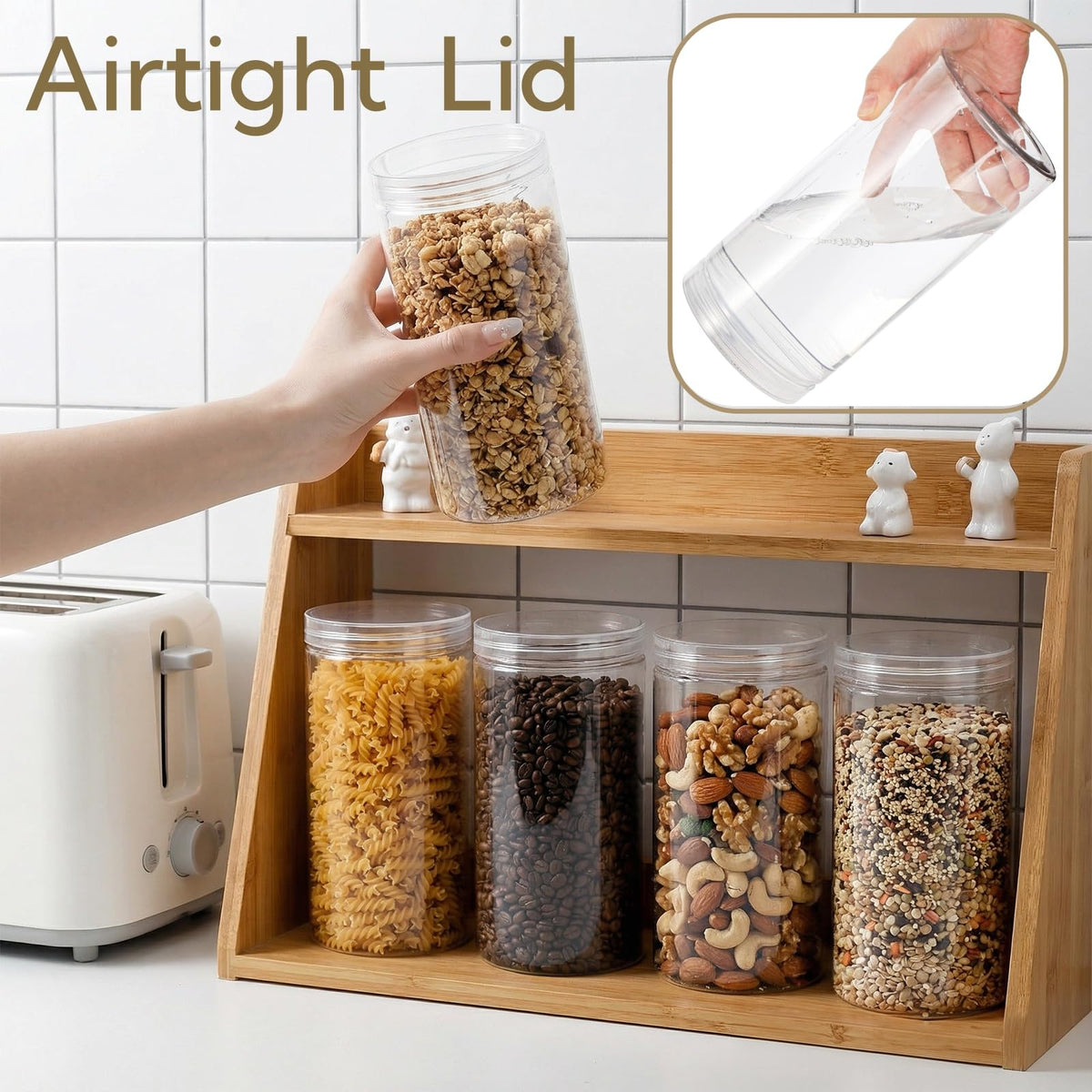 Pumtus reusable plastic jars replace disposable containers in kitchen.