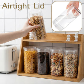 Pumtus reusable plastic jars replace disposable containers in kitchen.