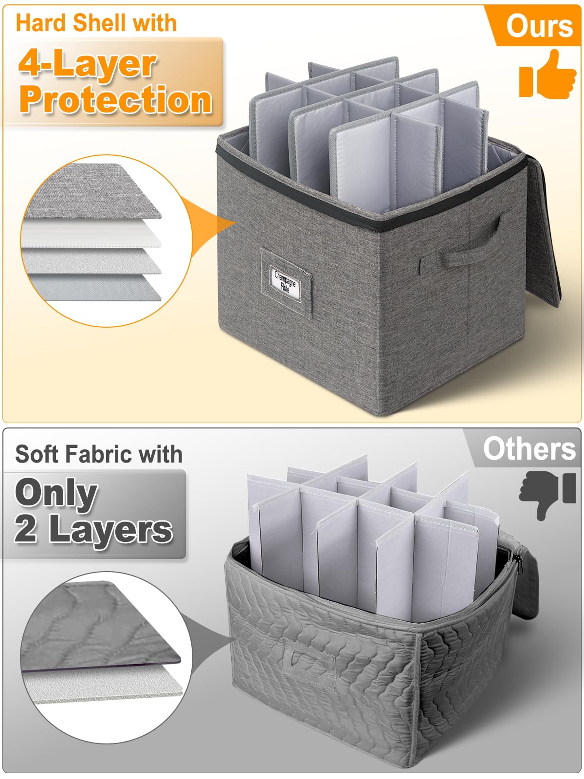 Punemi champagne flute storage side profile showcases reinforced sides for transport.