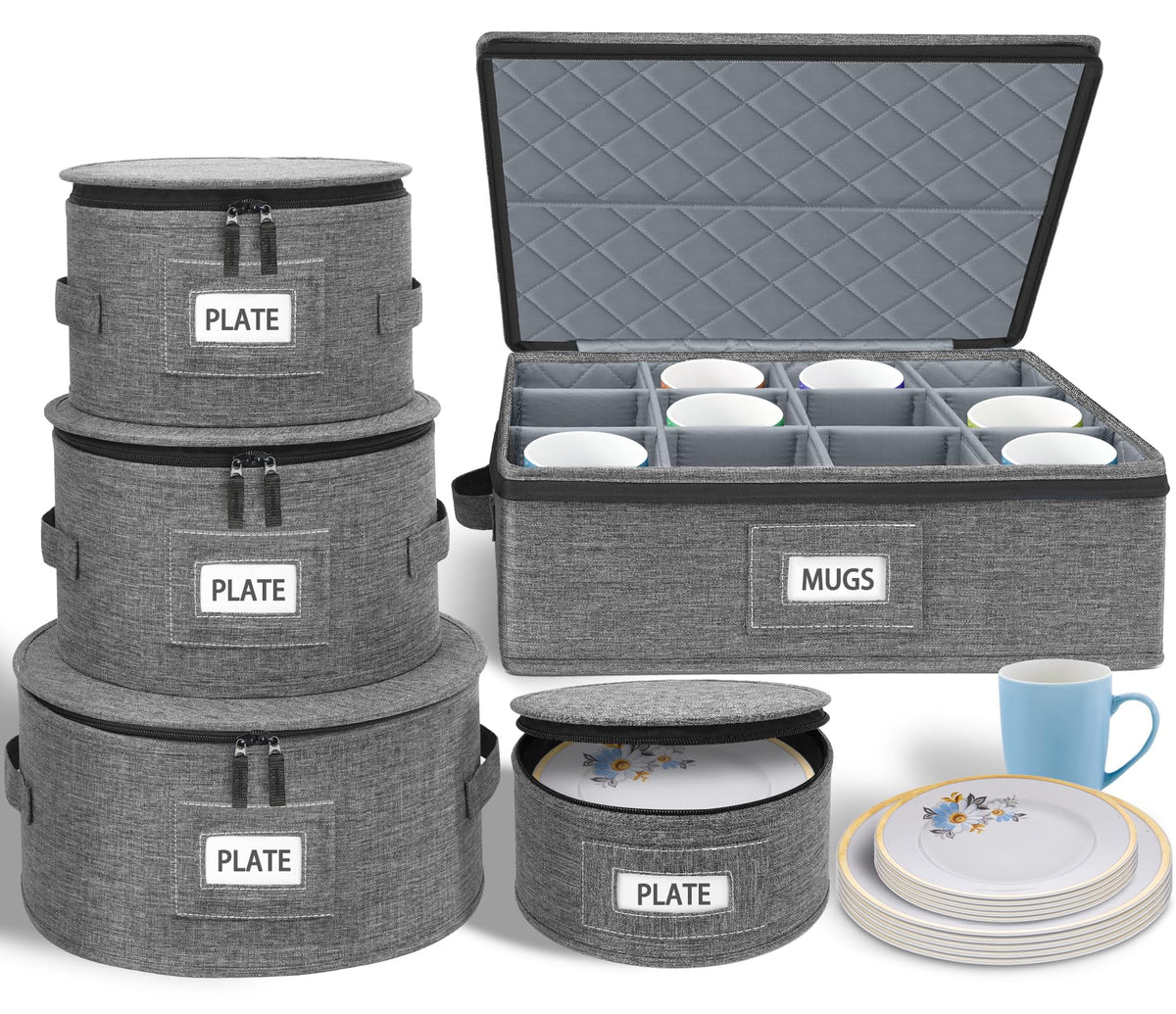 Punemi china storage 5-piece set with hard-shell sides protects dinnerware during moves.