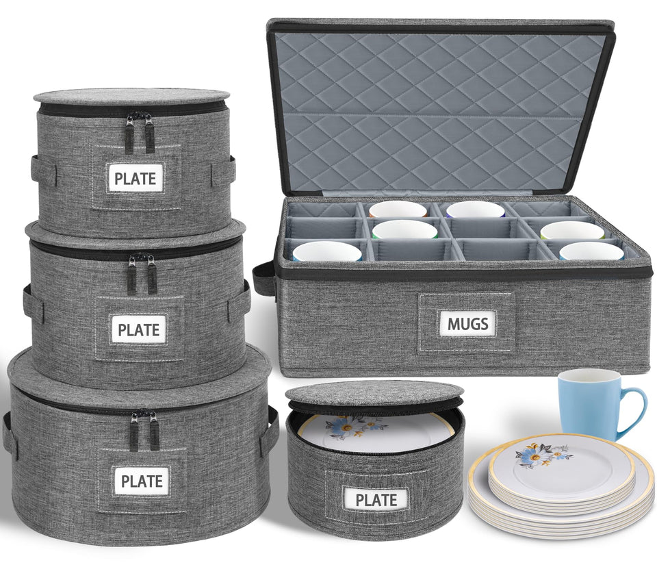 Punemi china storage 5-piece set with hard-shell sides protects dinnerware during moves.
