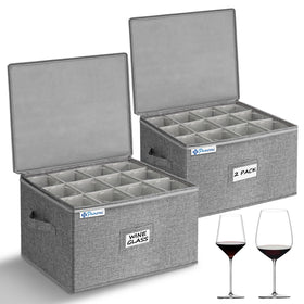Punemi wine glass storage box with hard-shell bottom protects stemware during transit.