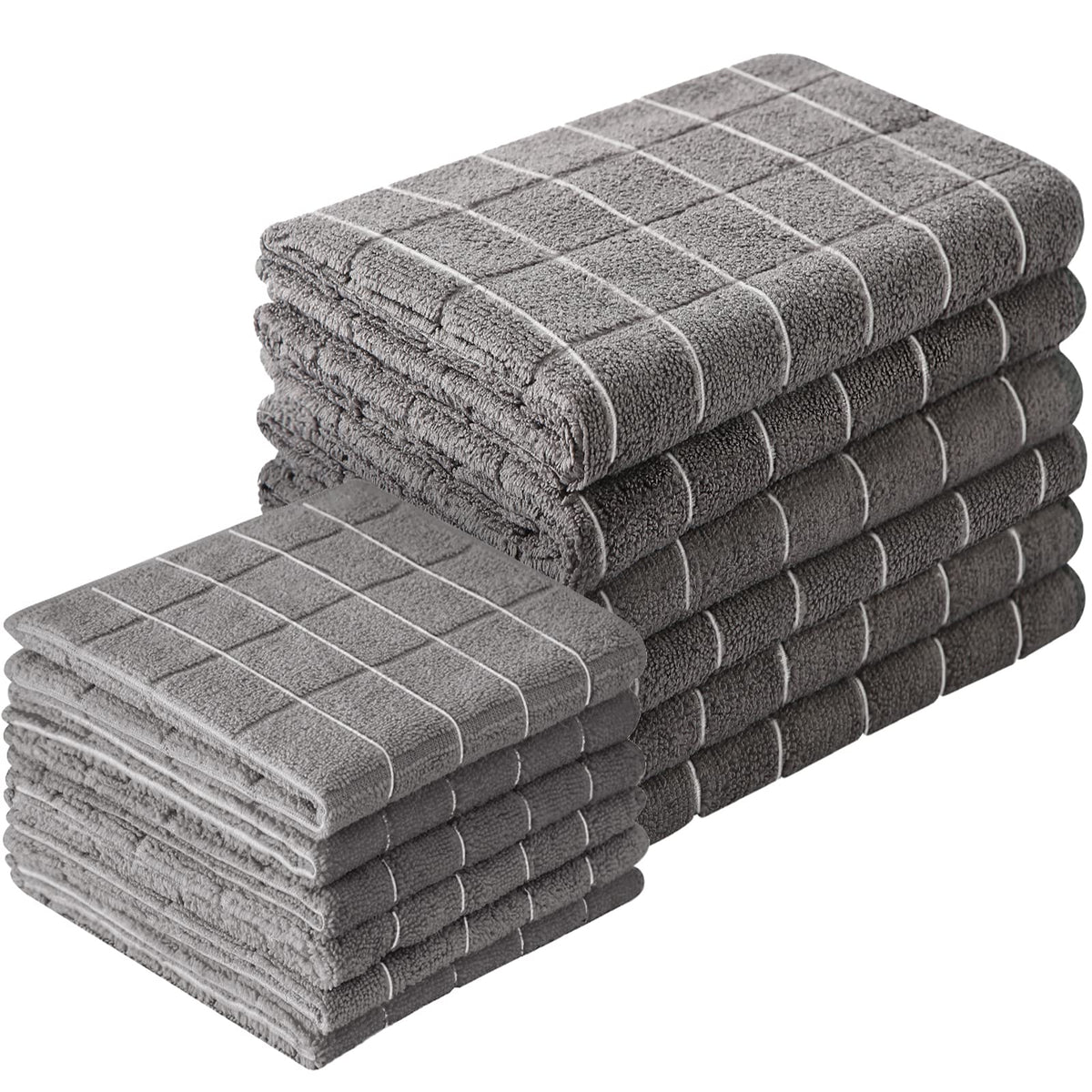 Puomue kitchen towels in a grey stack showing fast, lint-free drying.