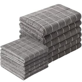 Puomue kitchen towels in a grey stack showing fast, lint-free drying.