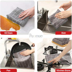 Puomue microfiber close-up highlighting high absorbency for spills.