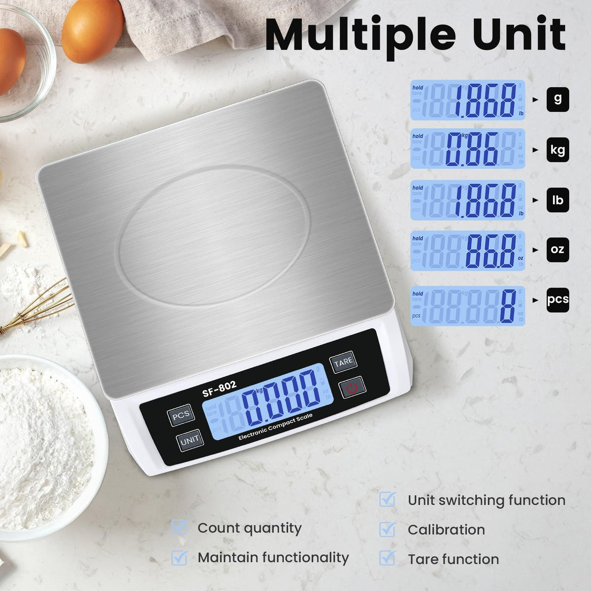 Puozult digital kitchen scale tare function for net weight accuracy with containers.