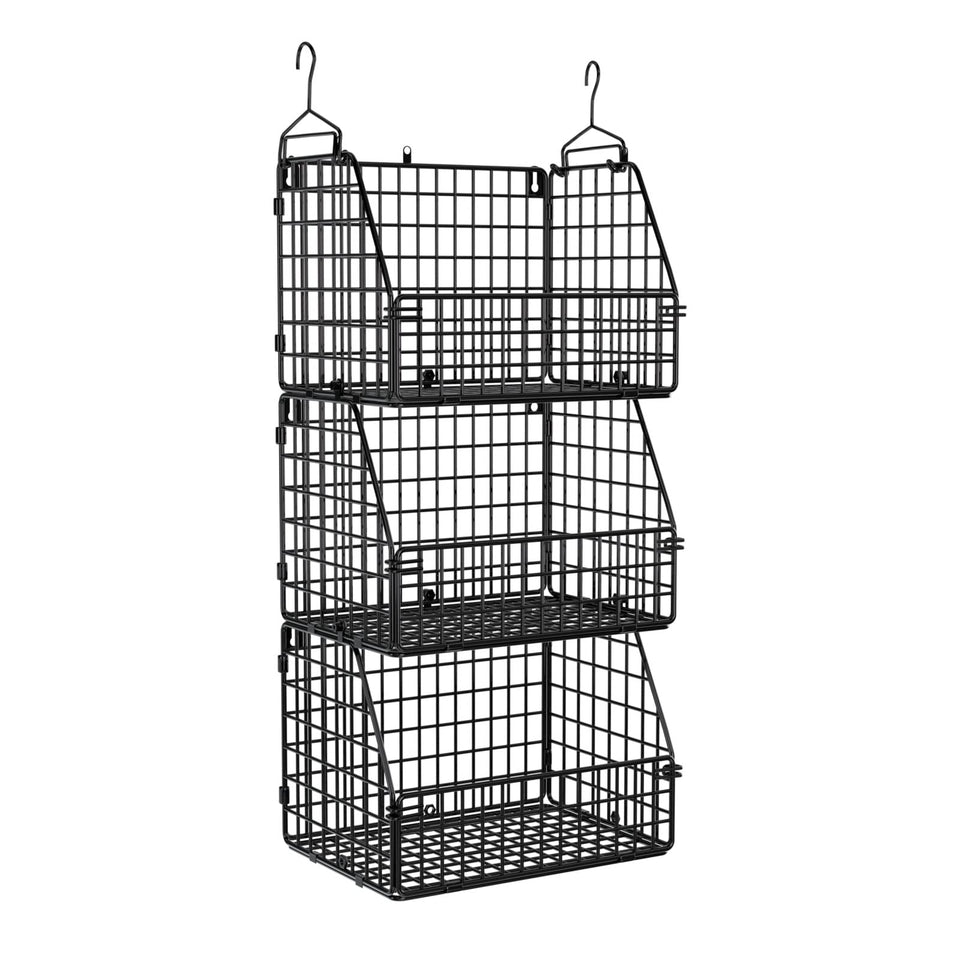 PUPPYCUTE stackable wire baskets mounted on wall for versatile pantry organization.
