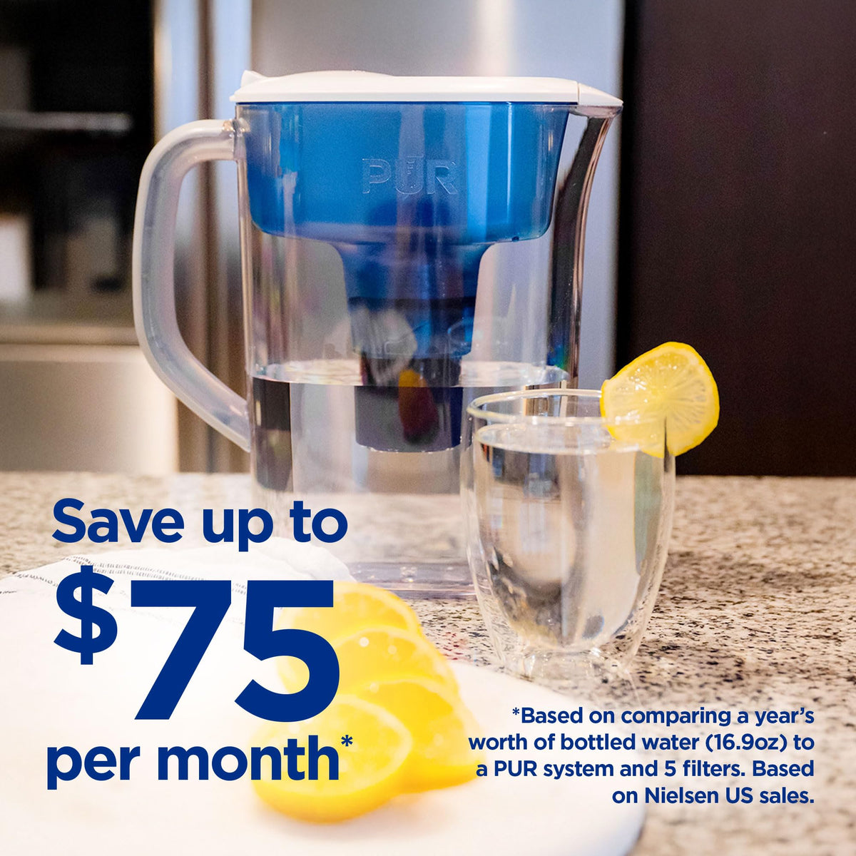 PUR 7-Cup pitcher fits neatly in a standard fridge shelf.