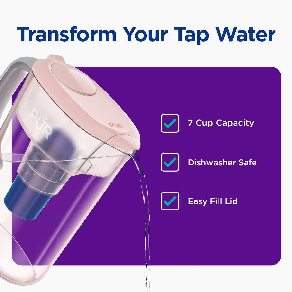 Genuine PUR filter highlights 2-in-1 filtration for cleaner water.
