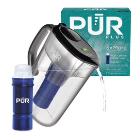 PUR Plus 7-Cup Pitcher in Smoke for everyday hydration with compact fridge-friendly design.
