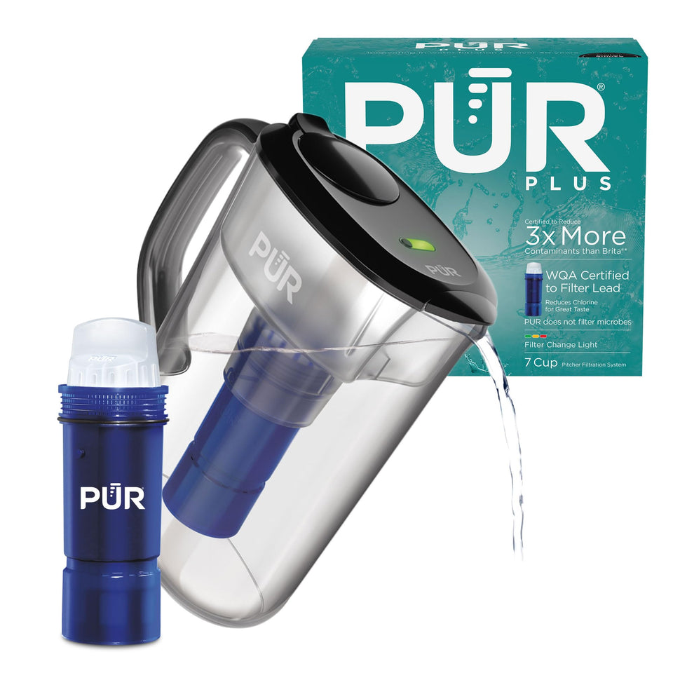 PUR Plus 7-Cup Pitcher in Smoke for everyday hydration with compact fridge-friendly design.
