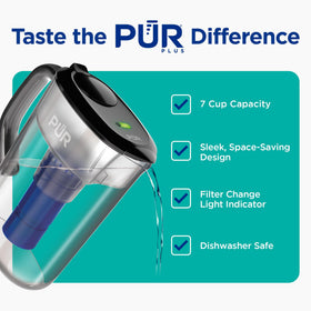 Close-up of PUR Plus filter showing 3-in-1 filtration technology for better taste.