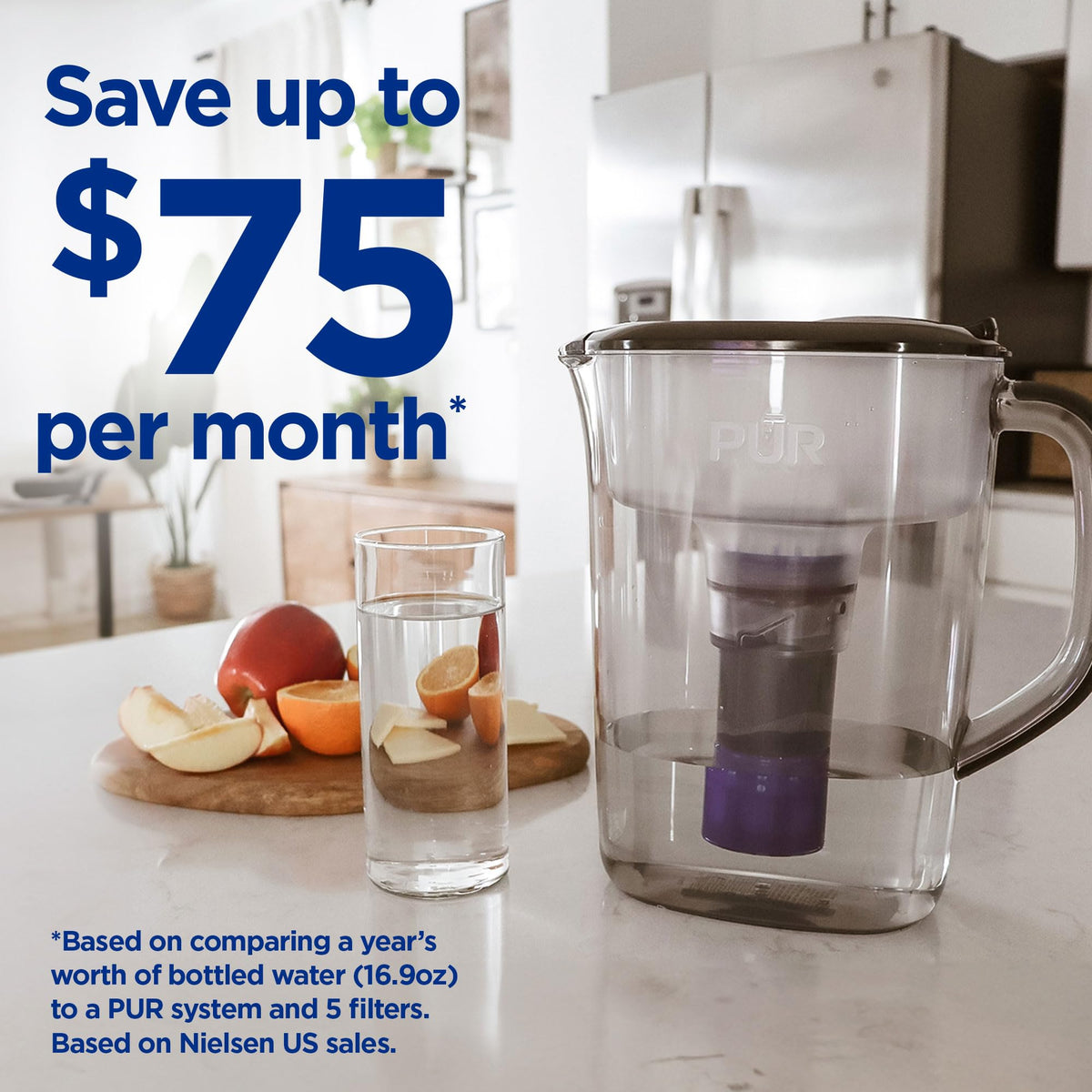 PUR Plus pitcher fits neatly in a refrigerator for convenient access to filtered water.