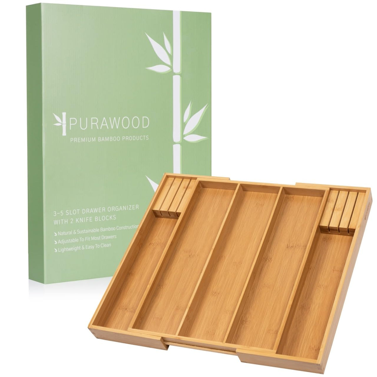 Purawood expandable silverware tray shows 3-to-5 slot versatility for flatware