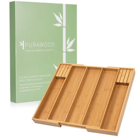 Purawood expandable silverware tray shows 3-to-5 slot versatility for flatware