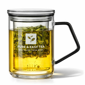 Pure And Easy Tea glass infuser mug with lid, 400 ml, plastic-free design.