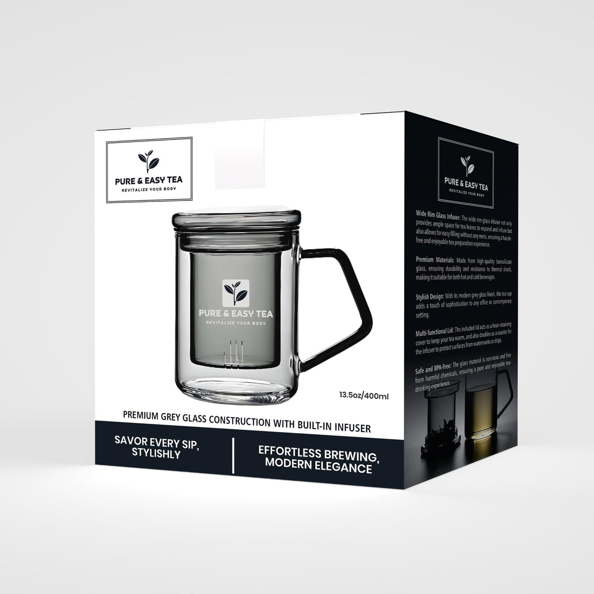 Office-ready mug for quick, clean tea without plastic components.