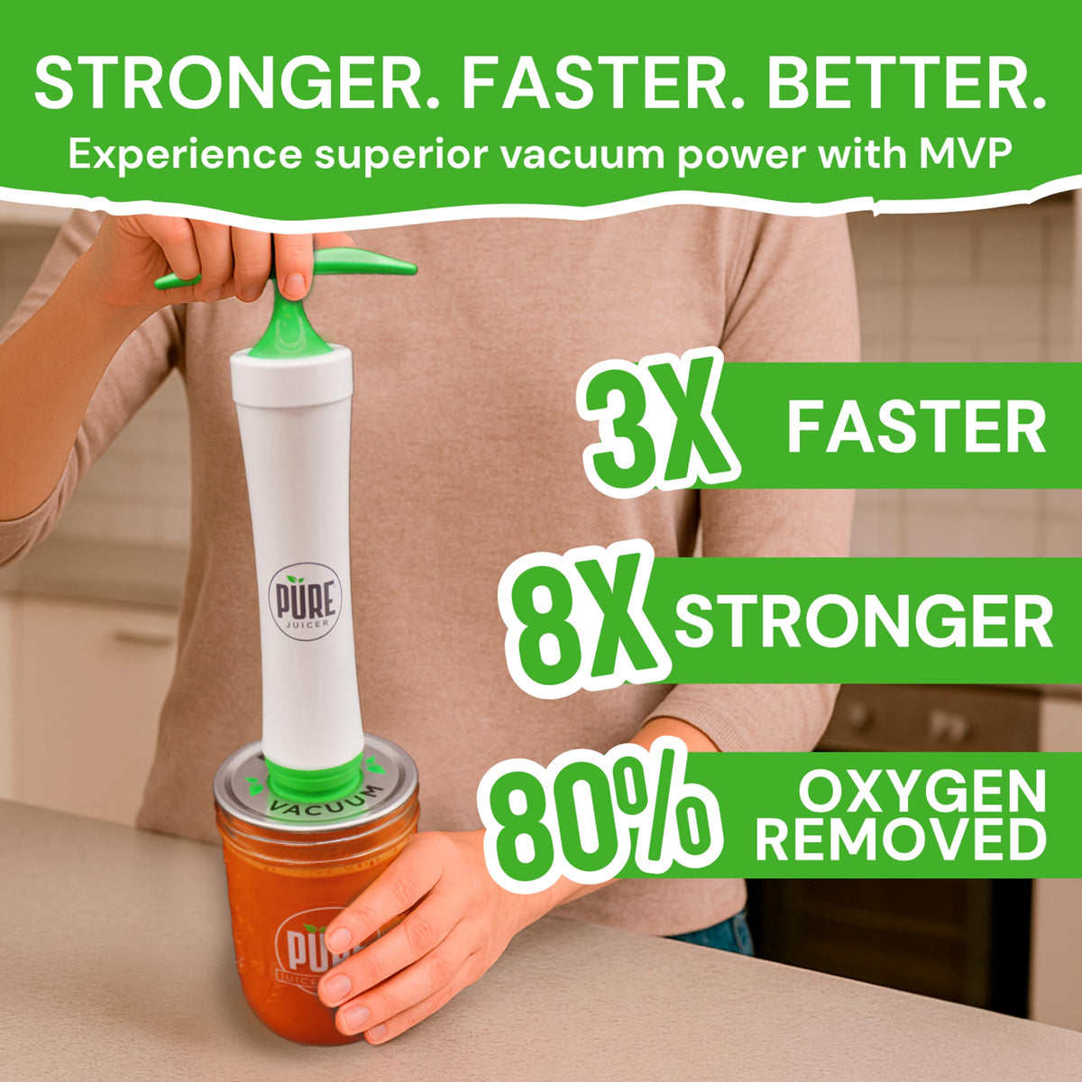 Pure Juicer MVP in-use sealing jars for fresh juices and leftovers
