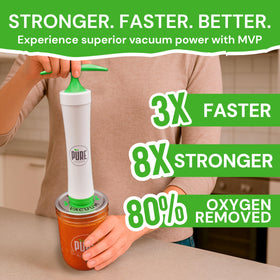 Pure Juicer MVP in-use sealing jars for fresh juices and leftovers