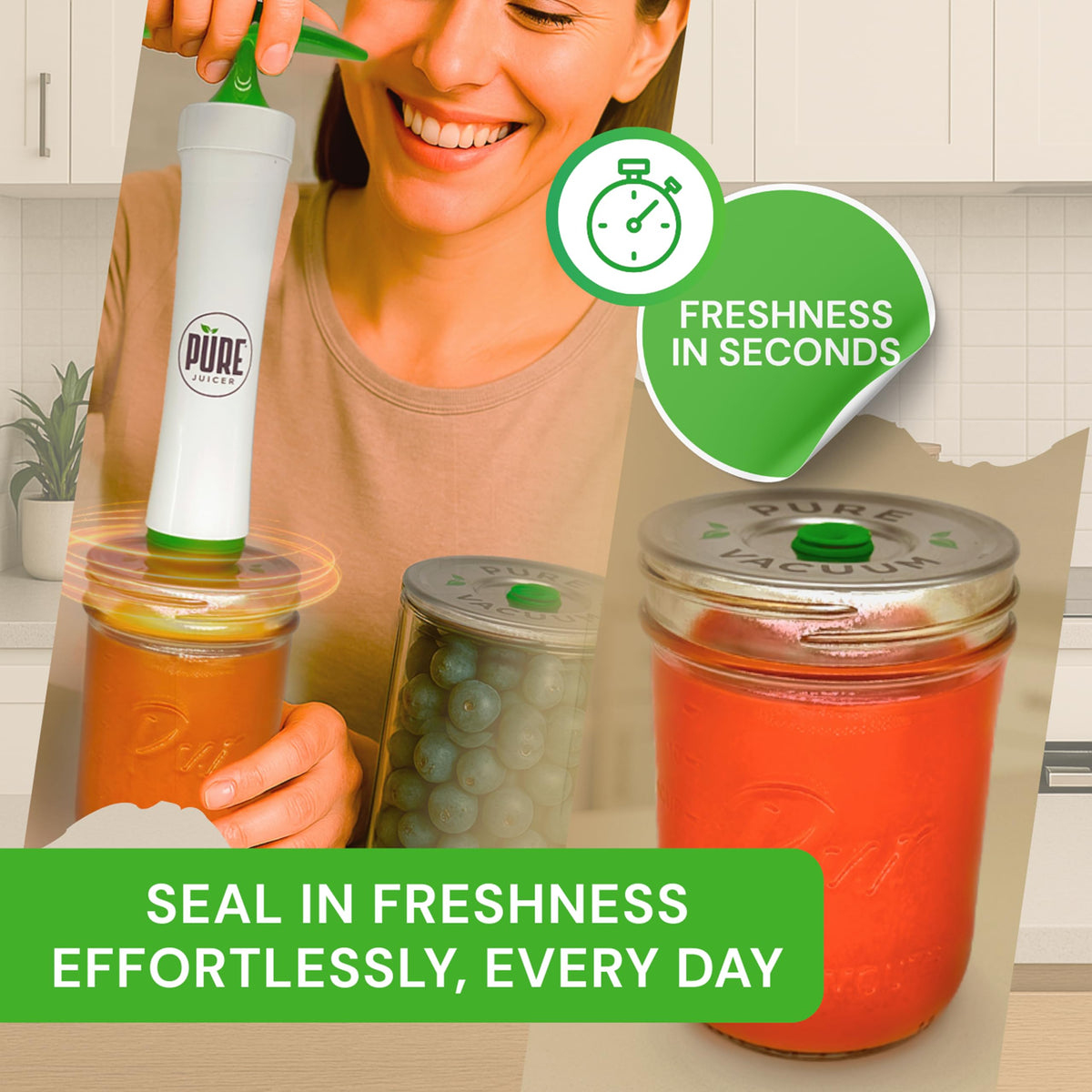 Pure Juicer MVP wide-mouth compatibility with jar lids, reliable seals