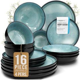PURE LIVING stoneware dinnerware set in dark petrol blue on table, ideal for family meals