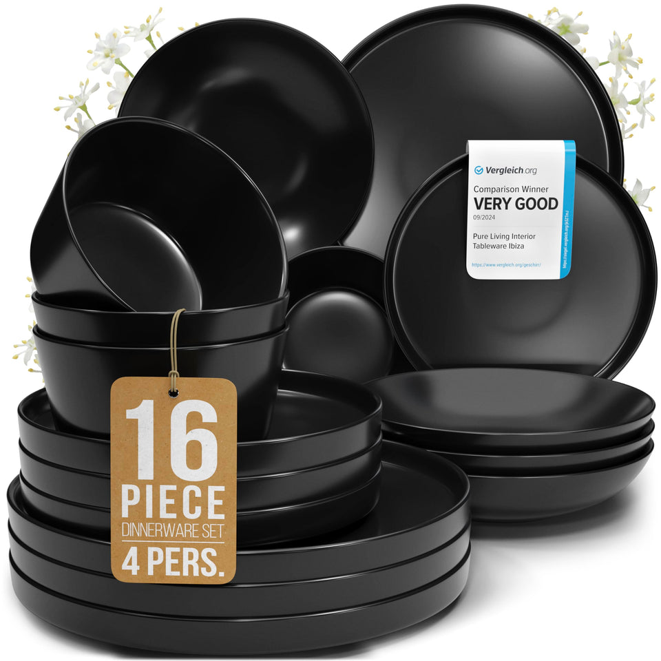 Pure Living Interior Design 16-piece dinnerware set dinner plates in matte black for modern dining.