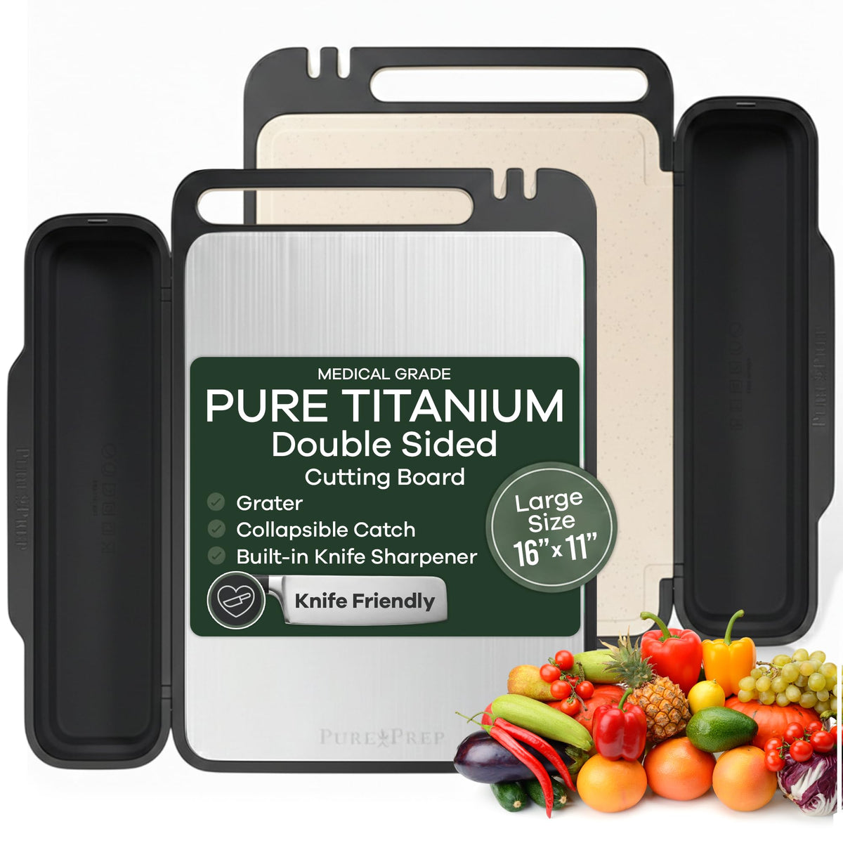 Pure Prep titanium cutting board with collapsible catch for easy cleanup