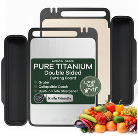 Pure Prep titanium cutting board with collapsible catch for easy cleanup