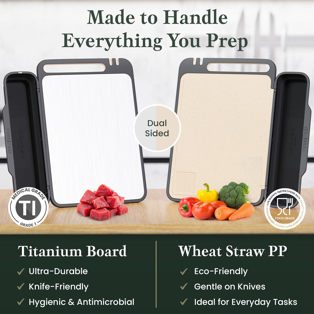 Pure Prep titanium cutting board double-sided design for meats and produce