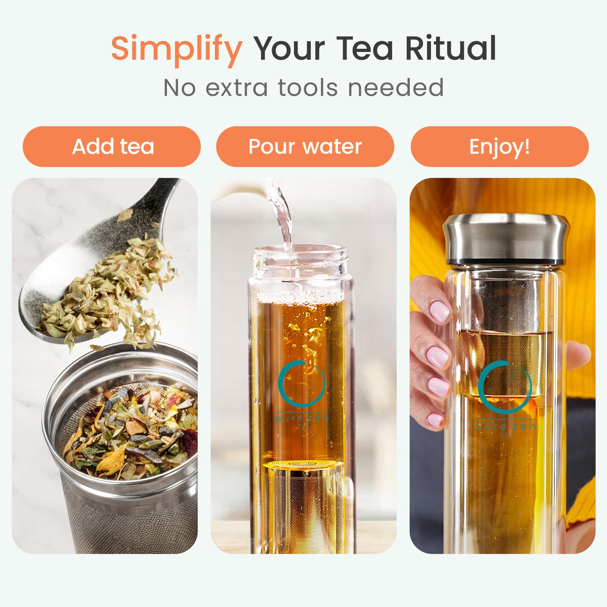 Pure Zen Tea Stainless Steel Filter highlights easy brew and clean separation