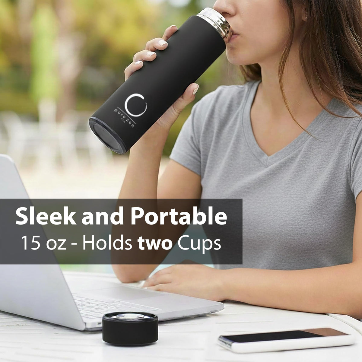 Pure Zen Tea thermos lid ensures secure, leakproof sipping during travel.