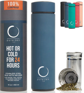 Pure Zen Tea Thermos front view in blue, designed for on-the-go warmth