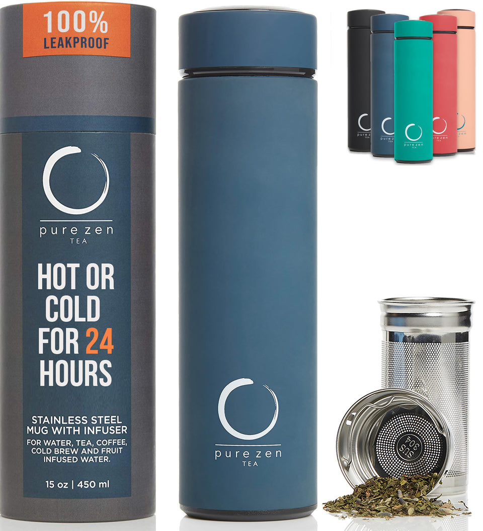 Pure Zen Tea Thermos front view in blue, designed for on-the-go warmth