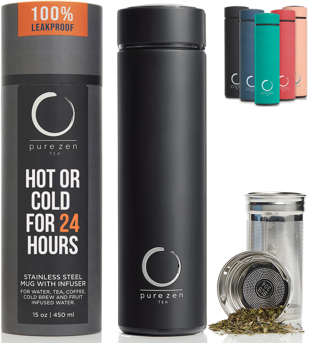 Pure Zen Tea thermos infuser bottle for hot and cold beverages on the go.