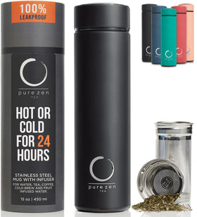 Pure Zen Tea thermos infuser bottle for hot and cold beverages on the go.