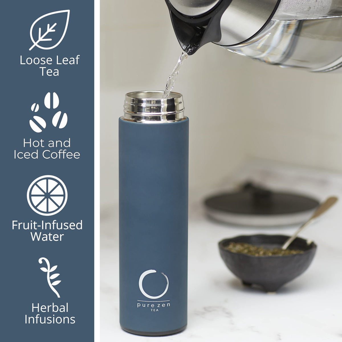 Pure Zen Tea Thermos infuser brew blue for tea or coffee brewing