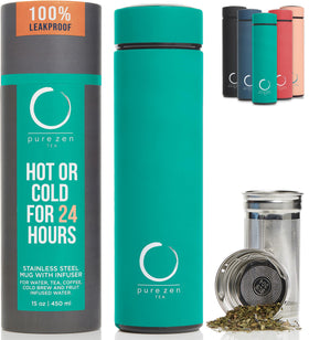 Pure Zen Tea thermos with infuser pouring hot tea on the go.